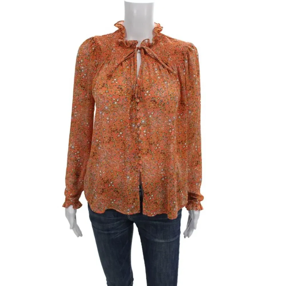 Free People Womens Tunic Orange Floral High Neck Long Sleeve Boho Size XS